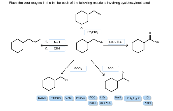 Place the best reagent in the bin for each of the following reactions involving cyclohexylmethanol. Ph3PB12 1, NaH oH Cr0 H30