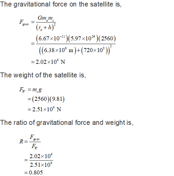 The gravitational force on the satellite is, Gm m grav (6.67x10 5.97x10* (2560) ((6.38x10 m)+(720x10) 2.02 x101N (2560) (9.81) 2.51x104 N The ratio of gravitational force and weight is, Fr 2.02x10 251x10 - 0.805