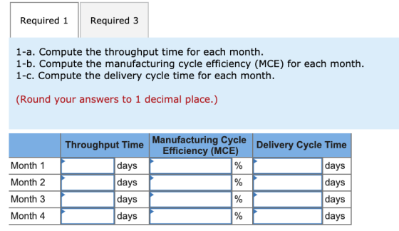 Required 3 Required 1 1-a. Compute the throughput time for each month 1-b. Compute the manufacturing cycle efficiency (MCE) f