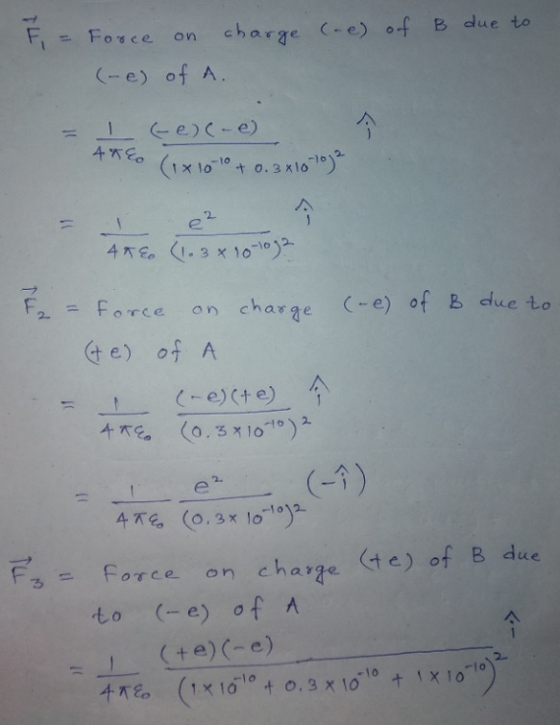 Fl_ Force on charge (-e) of B due to (1x10-10 + 0.3x16ヅ 2Force on charge-e) of B ue to (te) of A (-1) FsForee on char (te) o