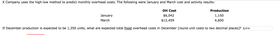 X Company uses the high-low method to predict monthly overhead costs. The following were January and March cost and activity