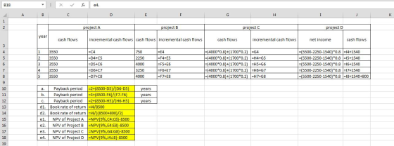 B18 X & fx e4. project A project B project C project D cash flows incremental cash flows cash flows incremental cash flows ca