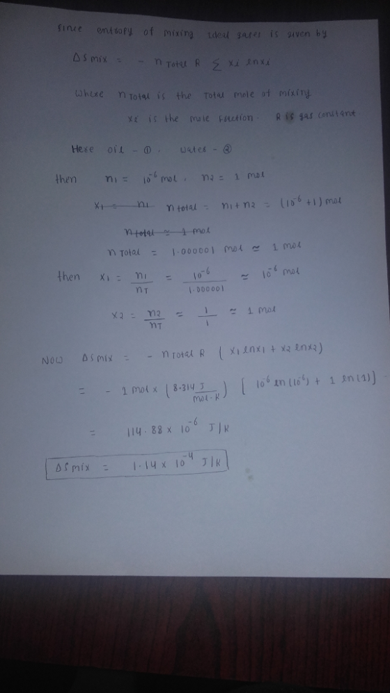 sine ontoopy of mixing tdel garer is given b Whire n Total is the Tota mole of mixiTy xt is the maic Fuction R i ar conu ant then Ximi i 000 001 18-3.ro.. ) [ ioin lu) + 11n l1)〕 1roix lly 88x lo JK