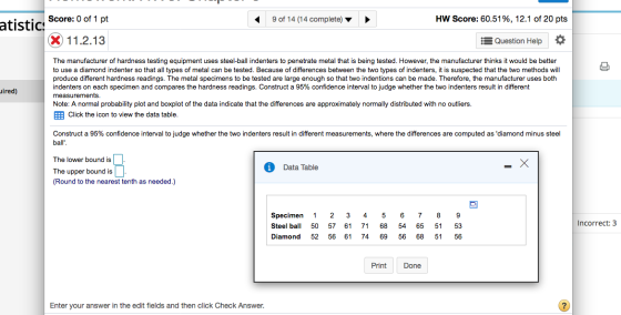 9 of 14 (14 complete) HW Score: 60.51%, 12.1 of 20 pts Score: 0 of 1 pt atistic: X 11.2.13 A Question Help uired) The manufac