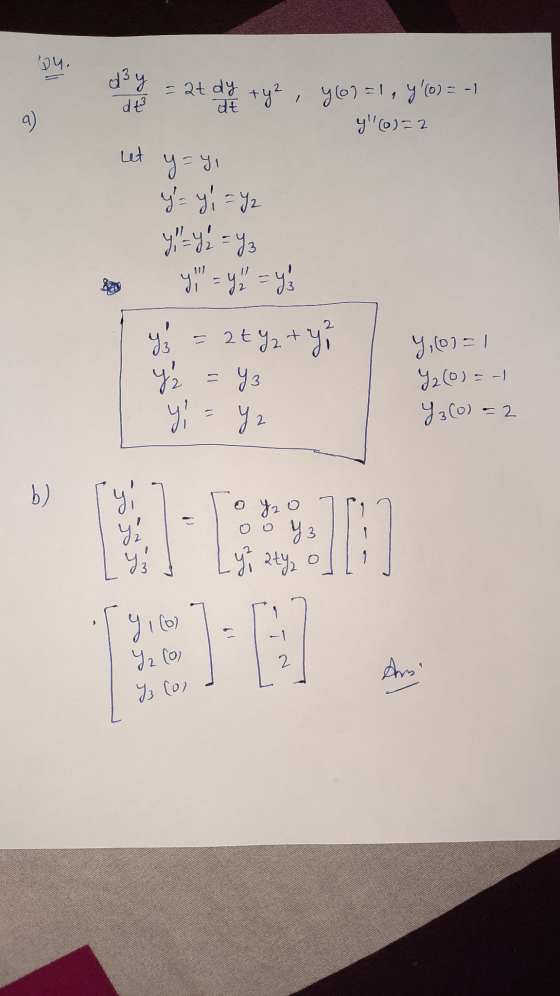 рч, dy dt 1 = 2+ a ty*, 9%) = 1, 9 ) = - 9%) = 2 at 9) let 9-81 Ҳау - 3 = 52- 9 } - - 9 = 9 - 2 + 3 + ч, = 93 2. Ч. Чо)