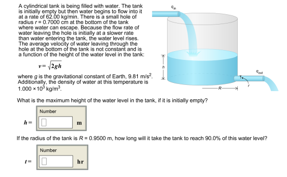 A cylindrical tank is being filled with water. The tank is initially empty but then water begins to flow into it at a rate of