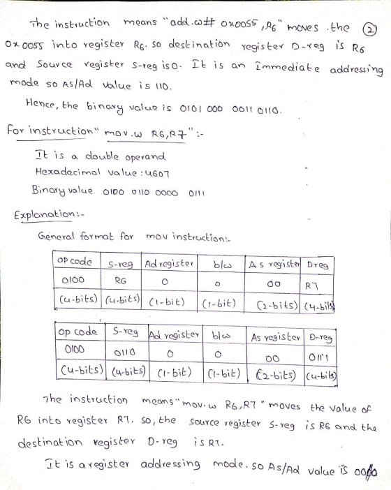 The instruction means add.w#ou0055 ,RO moves the ] Ox ooss into register R6. so destination register Dareg is Ro and source