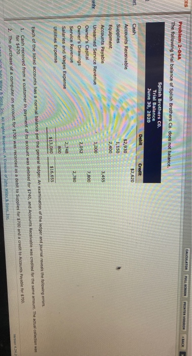 CES CALCULATOR FULL SCREEN PRINTER VERSION 4 BACK Problem 2-04A The following trial balance of Splish Brothers Co. does not b