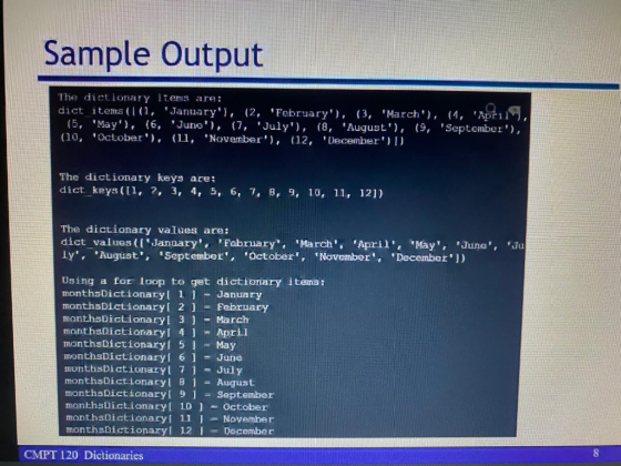 Sample Output The dictionary items are: dict itens (lii, January), (2, February), (3, March), (4, April, (5, May), (6,