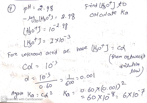.60.710 6X1007 frånd (Azot] to calculate Ka = 102.98 ♡ pH= 2.98 - hoj,. (H2013 - 2.98 (A Boty - 1 T hot (tota ot32 IX10 Fore