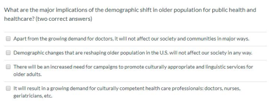 What are the major implications of the demographic shift in older population for public health and healthcare? (two correct a