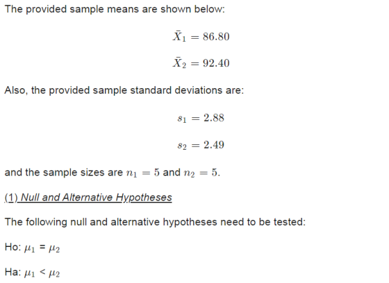 The provided sample means are shown below: X1 = 86.80 X2 = 92.40 Also, the provided sample standard deviations are: Si = 2.88