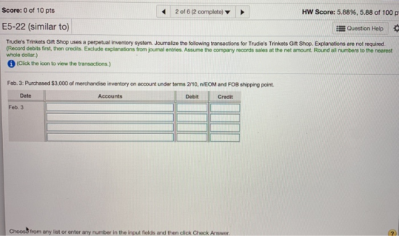 2 of 6 (2 complete) HW Score: 5.88%, 5.88 of 100 p Score: 0 of 10 pts E5-22 (similar to) Question Help Trudies Trinkets Gift