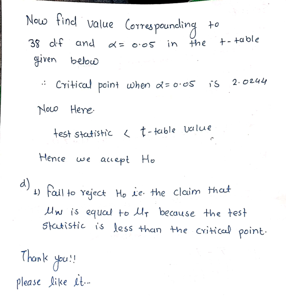 Now find value Correspounding to 38 dif and x = 0.05 in the t-table given below - Critical point when 2=0.05 is 2.0244 Noo He