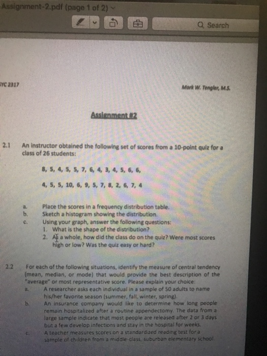 Assignment-2.pdf (page 1 of 2) Q Search SYC 2317 Mork W. Tengler, MS Assignment #2 An instructor obtained the following set o