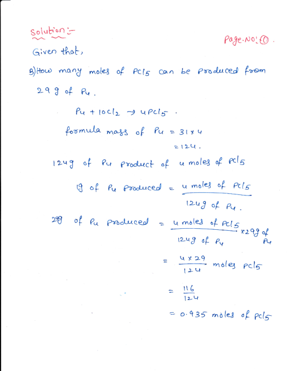 Solution Given that 9)touw many moles of s can be Psoduced foom Page Noo 24 of Pu Product of u moles of cl5 5 翊 of Pa Produce