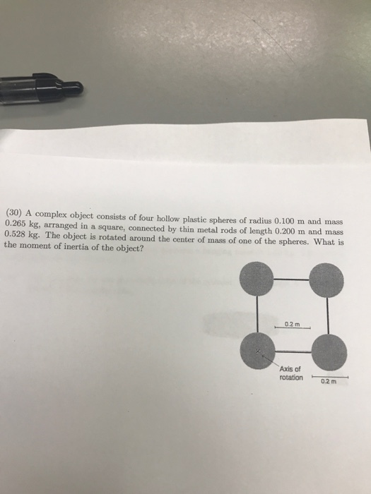 (30) A complex object consists of four hollow plastic spheres of radius 0.100 m and mass 0.265 kg, arranged in a square, connected by thin metal rods of length 0.200 m and mass 0.528 kg. The object is rotated around the center of mass of one of the spheres. What is the moment of inertia of the object? Axis of rotation 0.2 m