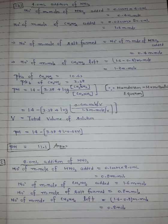 Cddition of HNo 4.omL NO OF O.100MX 4-omL add ed = mamales o HNo O-4m.male O.02001X 80.0mL mmale o CHaNH added NO 1-6 m.mde N