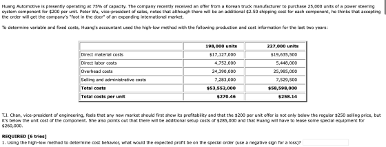 Huang Automotive is presently operating at 75% of capacity. The company recently received an offer from a Korean truck manufa