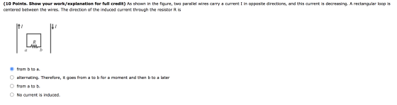 (10 Points. Show your work/explanation for full credit) As shown in the figure, two parallel wires carry a current I in oppos