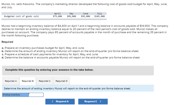 Munoz, Inc. sells fireworks. The companys marketing director developed the following cost of goods sold budget for April, Ma