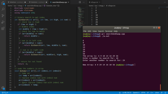 E Solution: Untitled-2 • Solution: Untitled-1 G searchAndSwap.cpp X main(int,char * []), village.txt home > jay > HomeworkLib > C s