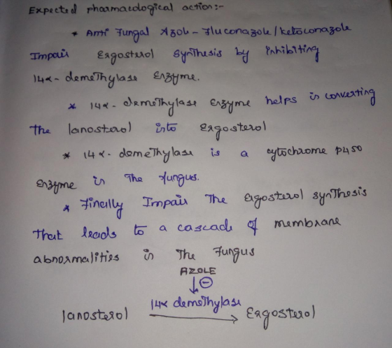 Expected pharmacological action:- * Anti Fungal Azol - Fluconazole / ketoconazole Impair Eagosterol synthesis by enhibiting 1