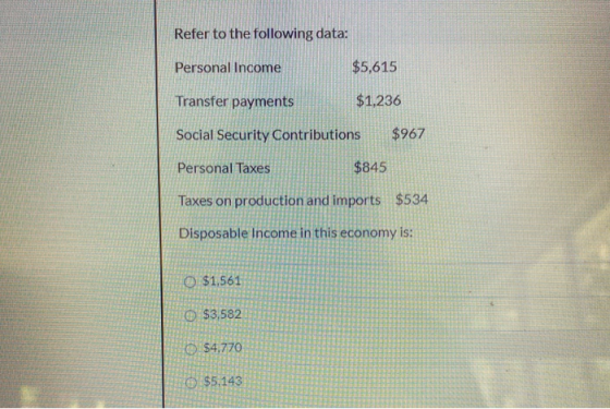 Refer to the following data: Personal Income $5,615 Transfer payments $1,236 Social Security Contributions $967 Personal Taxe