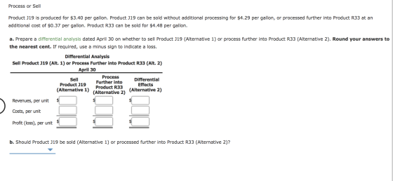 Process or Sell Product J19 is produced for $3.40 per gallon. Product J19 can be sold without additional processing for $4.29