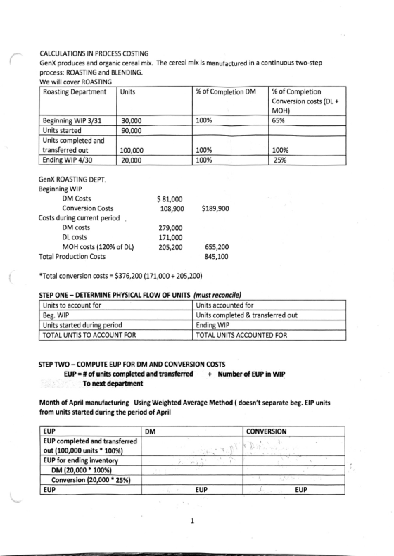 CALCULATIONS IN PROCESS COSTING GenX produces and organic cereal mix. The cereal mix is manufactured in a continuous two-step