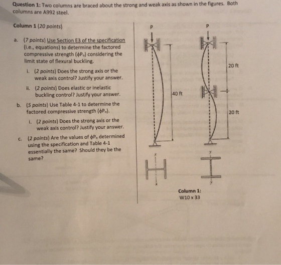 Question 1: Two columns are braced about the strong and weak axis as shown in the figures. Both columns are A992 steel. Column 1 (20 points) a. (7 points) Use Section E3 of the specification (i.e., equations) to determine the factored compressive strength (P)considering the limit state of flexural buckling. i. (2 points) Does the strong axis or the 20 ft weak axis control? Justify your answer. ii. (2 points) Does elastic or inelastic buckling control? Justify your answer (5 points) Use Table 4-1 to determine the factored compressive strength (φΡΑ 40 ft b. 20 ft i. (2 points) Does the strong axis or the weak axis control? Justify your answer. (2 points) Are the values of φΡη determined using the specification and Table 4-1 essentially the same? Should they be the same? C. H T Column 1: W10 x 33