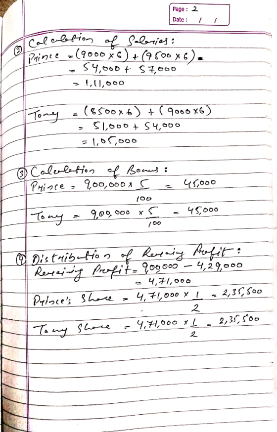 Page : 2 Date: Pralculetion of Saleries: Prince (900066)+(950086). z 54,000 + 57,000 1,11,000 (8500x6) (9060 X6 ) 51,000+ $4,