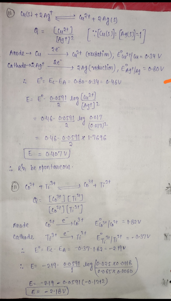Tag+72 L ⓇT 1 culsd + 2 Agt upt + 2Ag (5) R = [wpt) { [uQ)= (190)-1] Anode - Cu 20curt (oxidation); Elu24 | M = 0.34 v Cathod