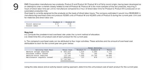 EMD Corporation manufactures two products, Product S and Product W. Product W is of fairly recent origin, having been developed as an attempt to enter a market closely related to that of Product W. Product W is the more complex of the two products, requiring 3 hours of direct labor time per unit to manufacture compared to 2 hour of direct labor time for Product S. Product W is produced on an automated production line Overhead is currently assigned to the products on the basis of direct-labor-hours. The company estimated it would incur $1,140,940 in manufacturing overhead costs and produce 10,500 units of Product W and 42,000 units of Product S during the current year. Unit cost for materials and direct labor are: Product SProduet w Direct material Direct labor 34 14 s 17 Required: a-1. Compute the predetermined overhead rate under the current method of allocation. a-2. Determine the unit product cost of each product for the current year. b. The companys overhead costs can be attributed to four major activities. These activities and the amount of overhead cost attributable to each for the current year are given below: Total Activit Total 3,770 693 18,690 1,615 Activity Cost Pool Total Cost 652,210 51,975 112,140 324,615 Products Product W Machine aetups required Purchase orders issued Machine-hours required Maintenance requests issued 1,510 531 7,900 737 2,260 162 10,790 878 $1,140,940 Using the data above and an activity-based costing approach, determine the unit product cost of each product for the current year.