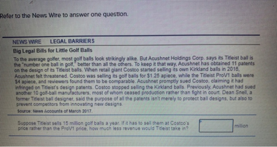 Refer to the News Wire to answer one question. NEWS WIRE LEGAL BARRIERS Big Legal Bills for Little Golf Balls To the average