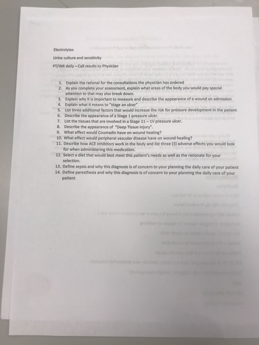 Electrolytes Urine culture and sensitivity PT/INR dally - Call results to Physician 1. Explain the rational for the consultat