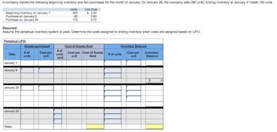 A company reports the following beginning inventory and two purchases for the month of January. On January 26, the company se