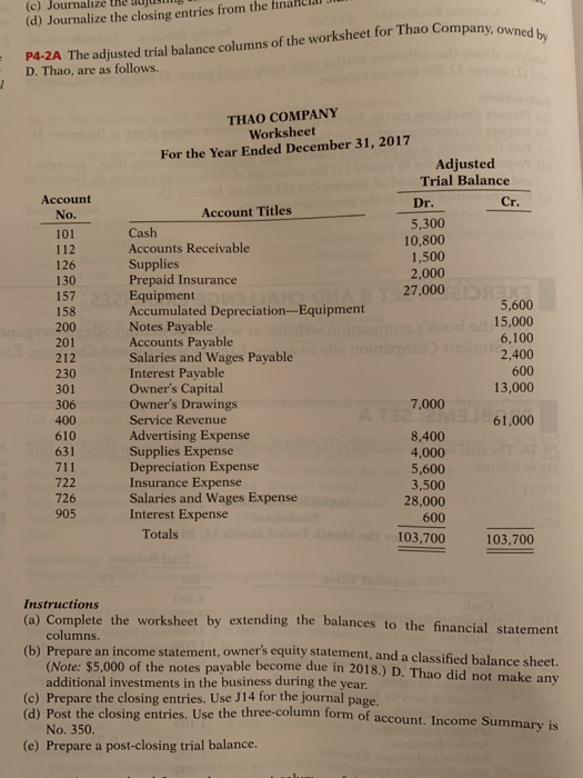 (c) Journalize the hujus (d) Journalize the closing entries from the financiar worksheet for Thao Company, owned by P4-2A The
