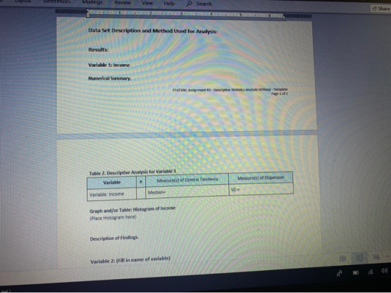 Layou Rererences Mailings Review View Help Search Share Data Set Description and Method Used for Analysis: Results: Variable
