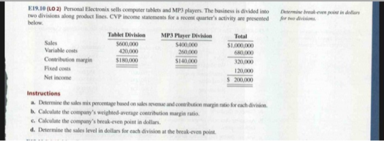 Determine break-even point in dollars for two divisions. E19.10 (LO2) Personal Electronix sells computer tablets and MP3 play
