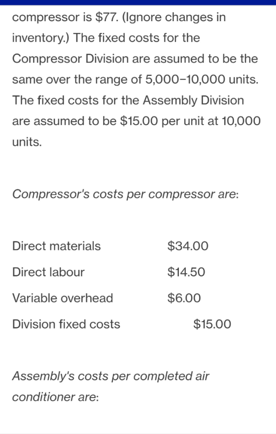 compressor is $77. (Ignore changes in inventory.) The fixed costs for the Compressor Division are assumed to be the same over