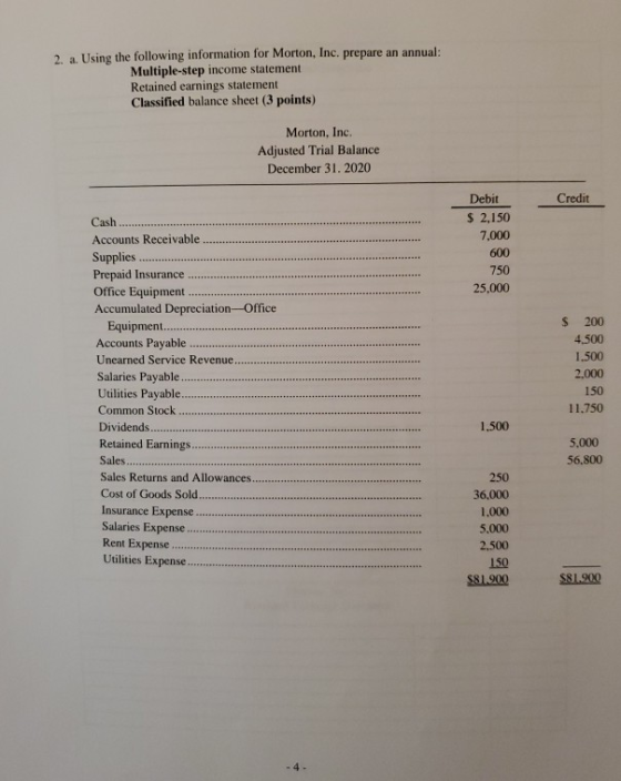 2. a. Using the following information for Morton, Inc. prepare an annual: Multiple-step income statement Retained earnings st