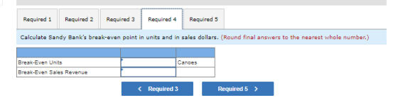 Required 1 Required 2 Required 3 Required 4 Required 5 Calculate Sandy Banks break-even point in units and in sales dollars.