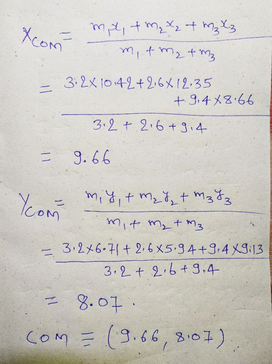 Xcom mttmqx+ M₂ X₂ m, fm₂ + m₂ 3:2x 10.42 +2,6x 12.35 +9,4x8.66 3.2 + 2.6+ 9.4 9.66 Ycom miy, tmzz + MzYz mit My tmz - 3.2x6-