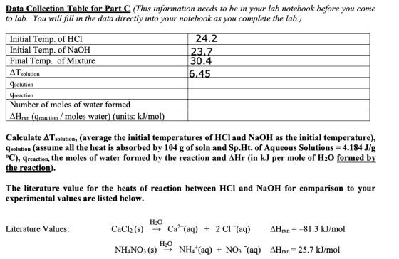 Data Collection Table for Part C (This information needs to be in your lab notebook before you come to lab. You will fill in