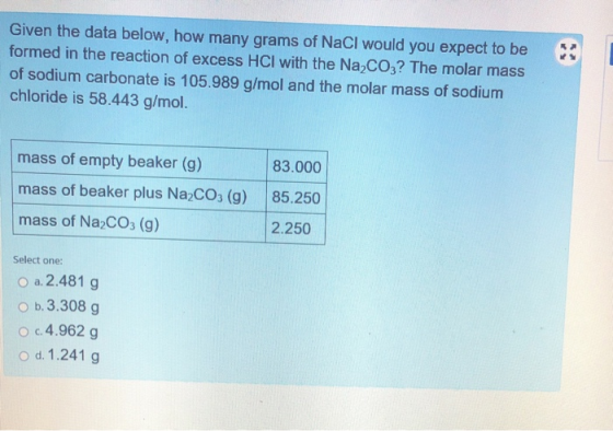 Given the data below, how many grams of NaCl would you expect to be formed in the reaction of excess HCl with the Na,CO3? The