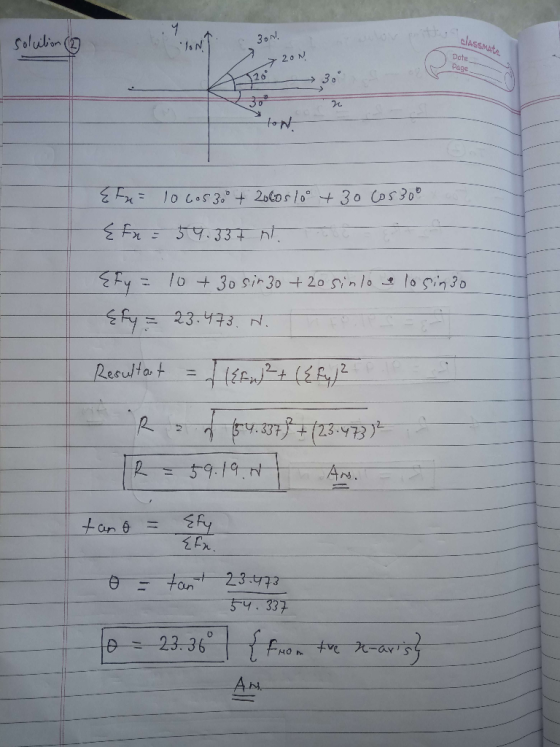 solution (2) czon! classmate 20N Dote page Eta= 10 60530 + 2000s lo° +30 Cos30° { fn = 54.337 M. losin 30 Efy = 10 +3osir 30