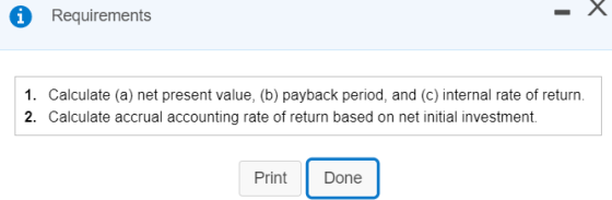 + * Requirements 1. Calculate (a) net present value, (b) payback period, and (c) internal rate of return. 2. Calculate accrua