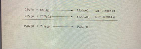 2 P4 (8) + 6 02 (g) 2 P406 (5) AH = -3280.2 kJ 4 P4 (8) + 20 02 (8) 4P,010 (5) AH=-11760.4 kJ P.06 () + 202 (Ⓡ) P.010 (5)