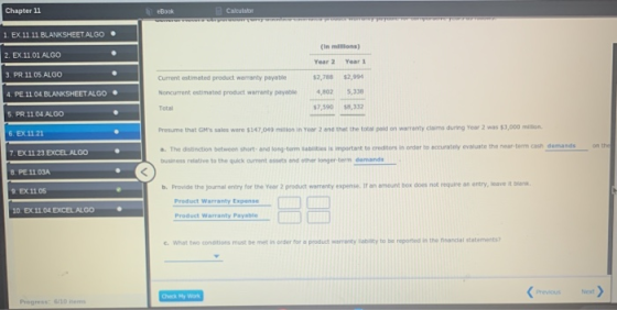 Chapter 11 Book Calculator 1. EX.11.11 BLANKSHEET ALGO (in millions) 2. EX. 11.01. ALGO Year 2 Year 1 3. PR.11.05 ALGO Curren